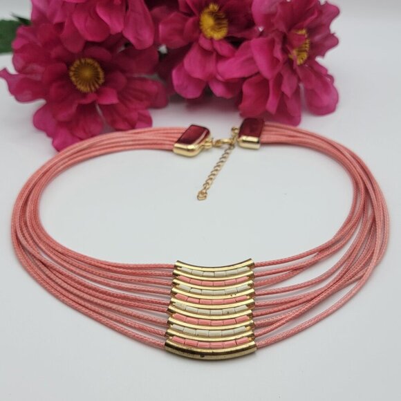 Jewelry - Pink And Gold Multi Strand Cord Tube Bib Necklace 19 In Gold Tone Lobster Clasp